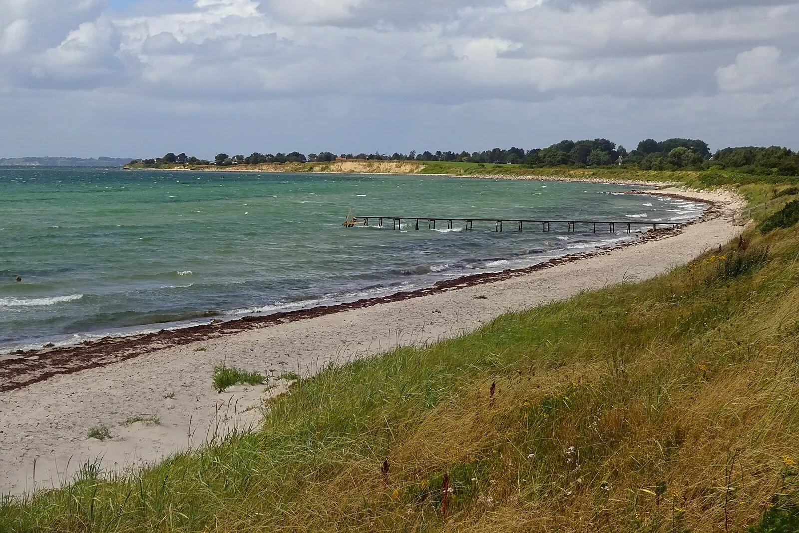 Sandstrand von Skovmose mit Badesteg und Dünengras